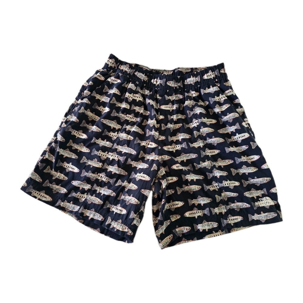 The North Face Men's Class V Pull On Shorts Size Small Fly Fish Print Navy Blue